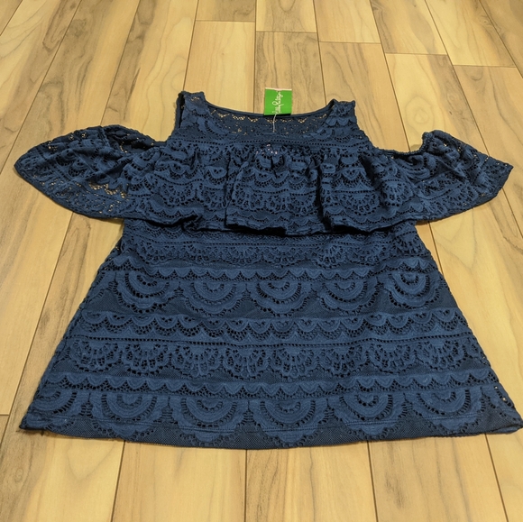 NWT! Lilly Pulitzer Lyra Top High Tide Navy Scalloped Stripe Lace Size S $98 - Picture 2 of 12